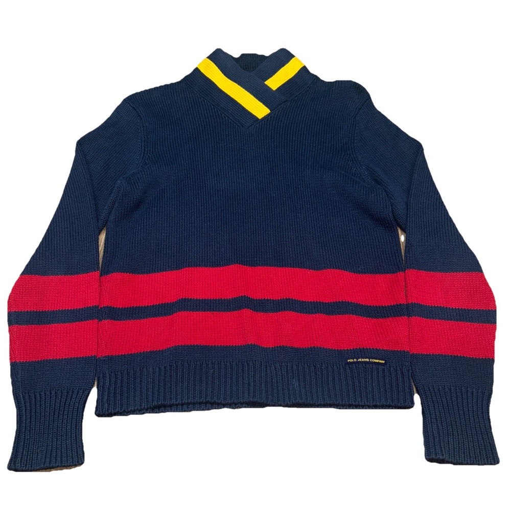Ralph Lauren Navy Sweater with Red and Yellow Accents